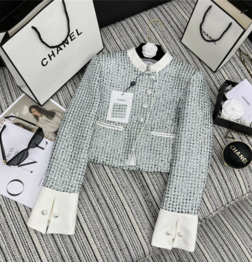 chanel new sequined tweed contrasting white cuffs jacket