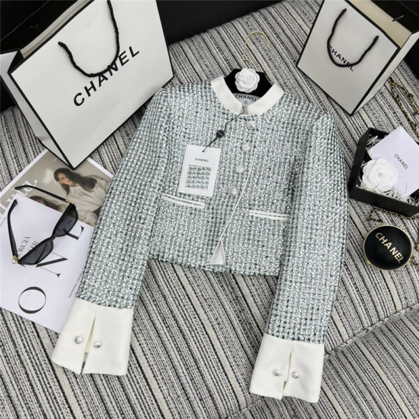 chanel new sequined tweed contrasting white cuffs jacket