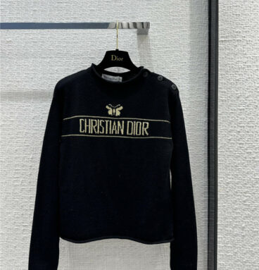 dior butterfly gold slogan jacquard rolled hem sweater