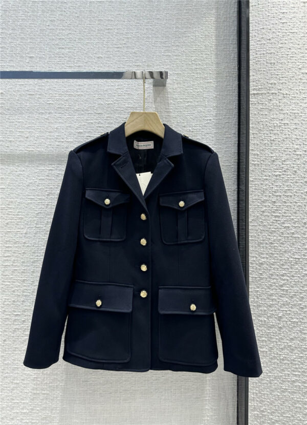 Alexander mcqueen navy blue stand-up collar single-breasted coat