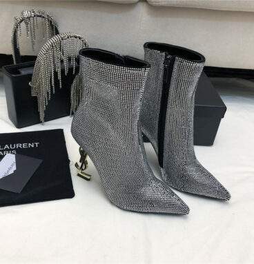 YSL letter metal heel full diamond zipper ankle boots