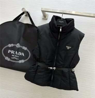 prada stylish triangle bag belt decorated hooded vest down jacket