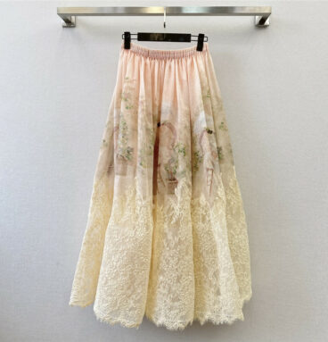 zimm printed elastic waist paneled lace skirt