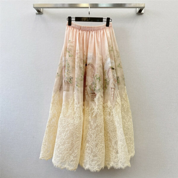 zimm printed elastic waist paneled lace skirt