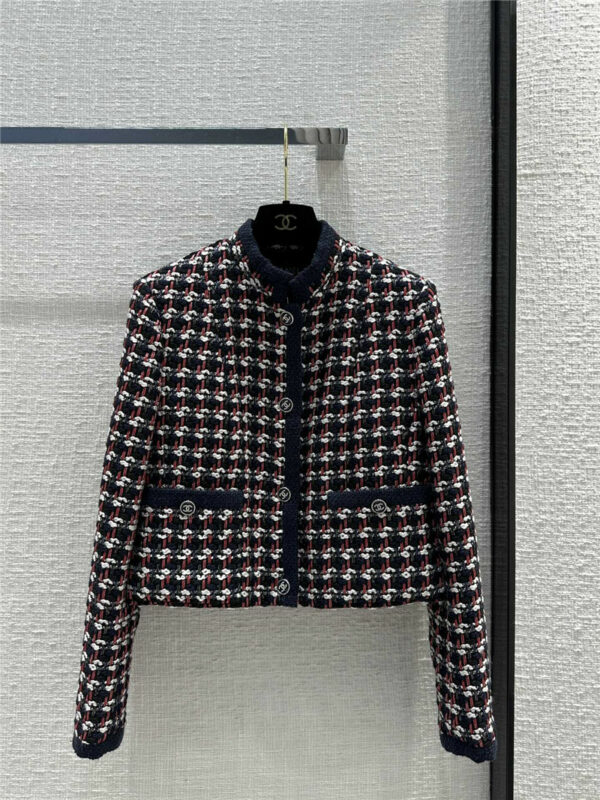 chanel woven plaid colorful gauze stand collar short coat