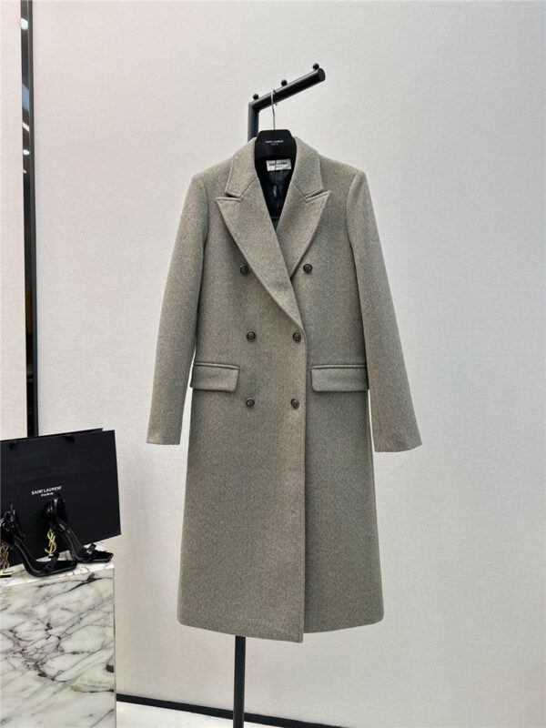 YSL new high-end gray wool herringbone pattern long coat