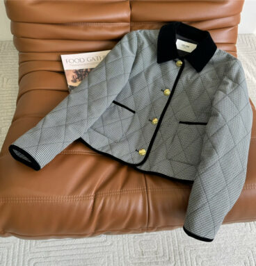 celine fine houndstooth velvet collar padded jacket