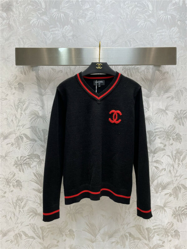 chanel new contrasting color v-neck pullover sweater