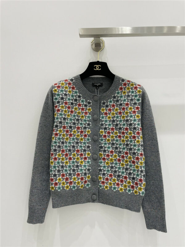 chanel small plum blossom embroidered wool cardigan