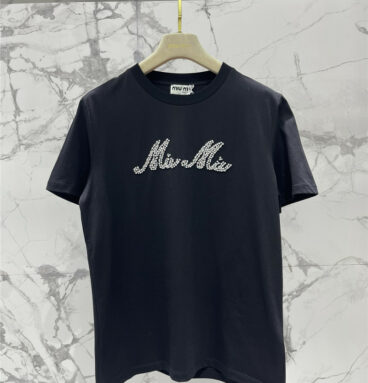 miumiu beaded lettering round neck short-sleeved T-shirt