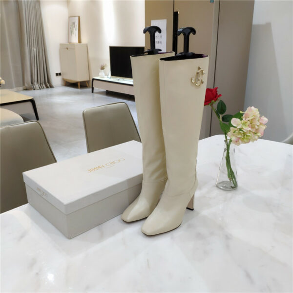 Jimmy Choo signature JC buckle thick heel leather boots