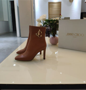 Jimmy Choo signature JC buckle thick heel leather boots