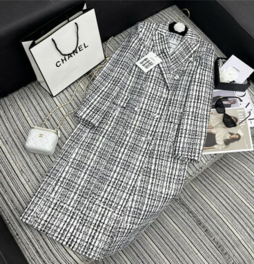 chanel new black and white plaid tweed long coat