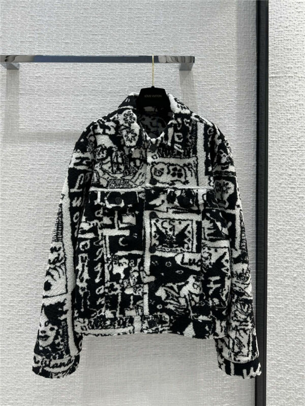 louis vuitton LV black and white comic print plush jacket