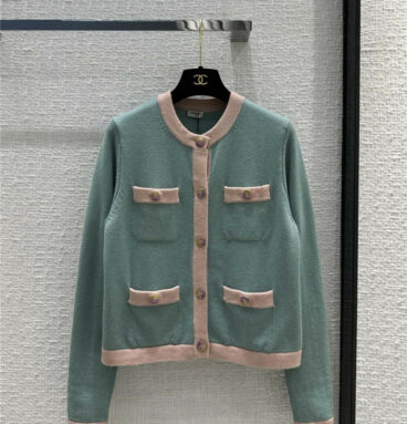 chanel pink and green contrast hemmed round neck cardigan
