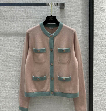 chanel pink and green contrast hemmed round neck cardigan