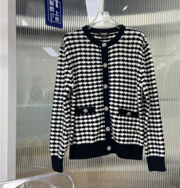 chanel round neck plaid knitted long-sleeved cardigan