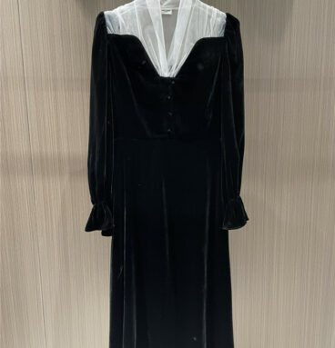 YSL new spliced mesh v-neck silk dress