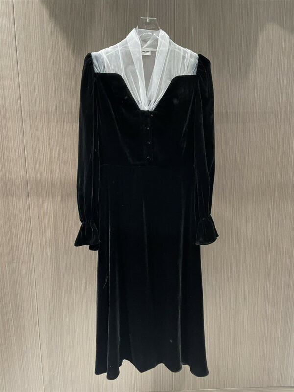 YSL new spliced mesh v-neck silk dress