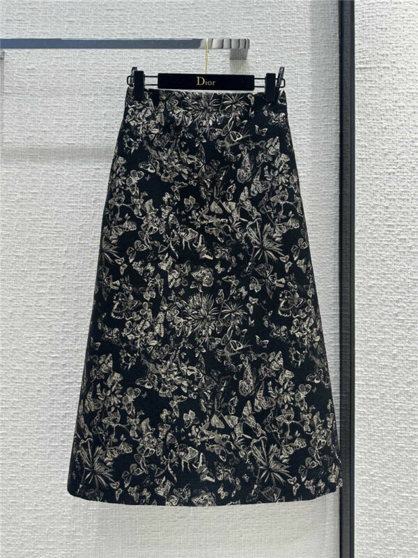dior Rui butterfly element black gold embroidered midi skirt