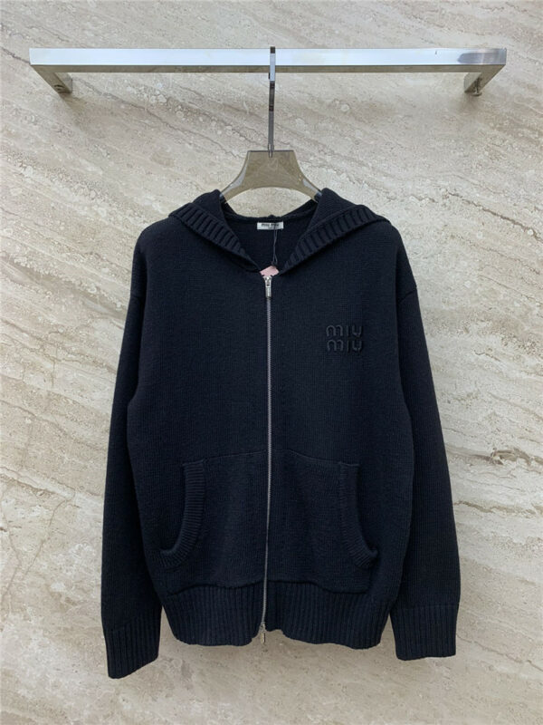 miumiu logo embroidered hooded zip-up knitted cardigan