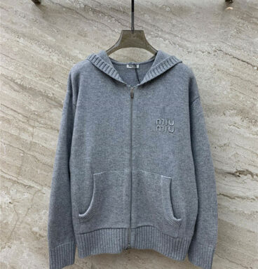 miumiu logo embroidered hooded zip-up knitted cardigan