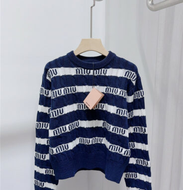 miumiu round neck contrast striped long-sleeved sweater