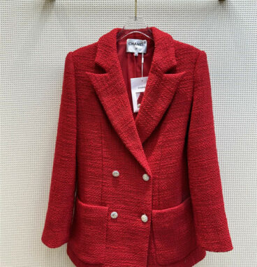 Chanel French red double-breasted tweed blazer