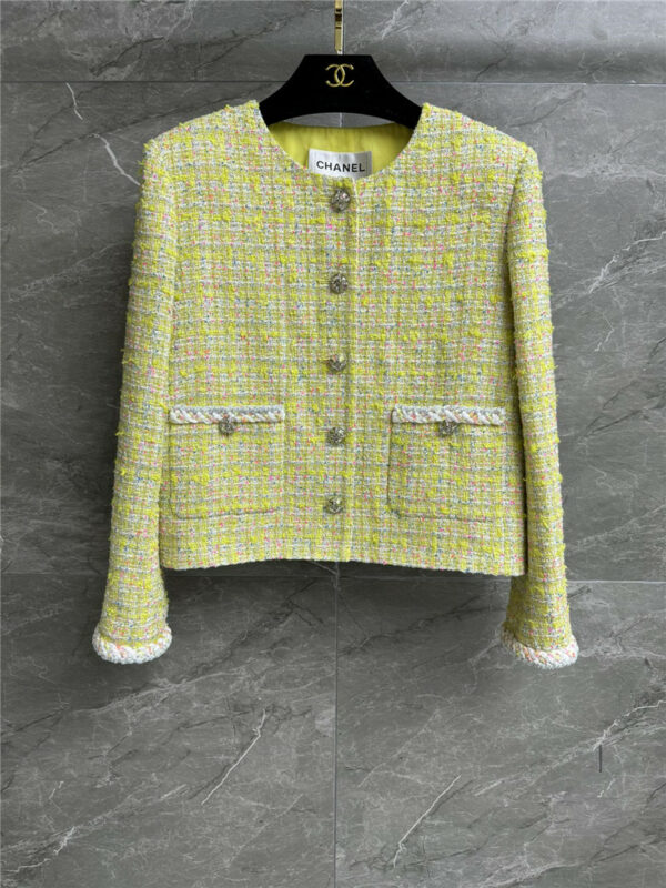 chanel yellow and green tweed jacket