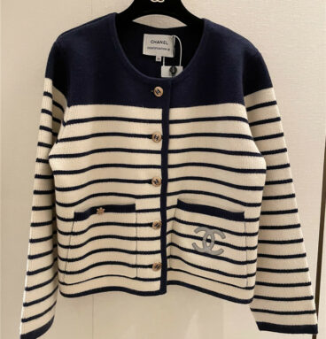 chanel new navy blue contrast striped cardigan jacket