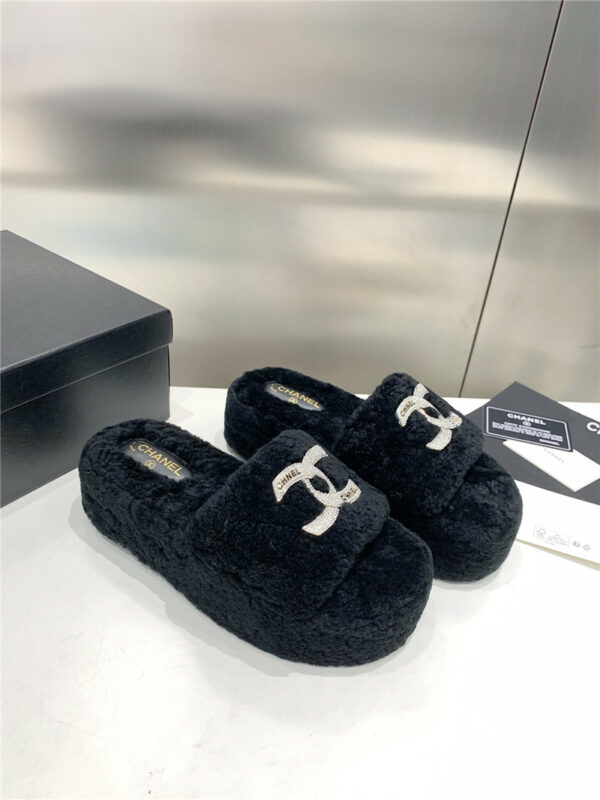 chanel double c rhinestone thick sole fur slippers