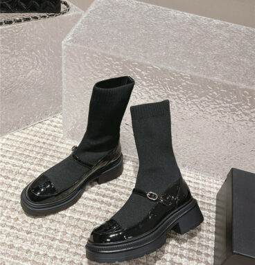 chanel patent leather + knitted boots