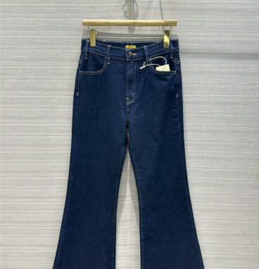 mother raw indigo washed high waist flared jeans