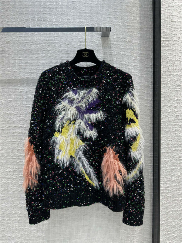 chanel feather fringe colorful sequined hollow knitted sweater
