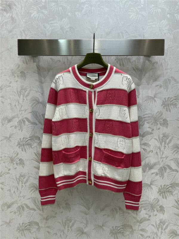 gucci round neck hollow striped knitted cardigan