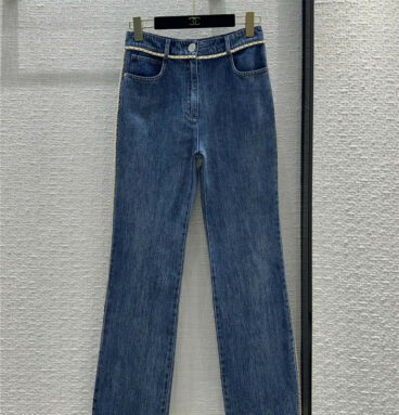 chanel metal chain washed straight jeans