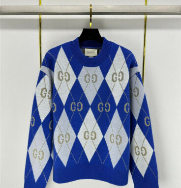 gucci round neck rhombus gold silk long sleeves