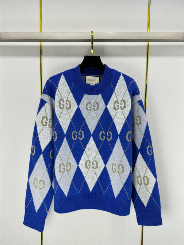 gucci round neck rhombus gold silk long sleeves