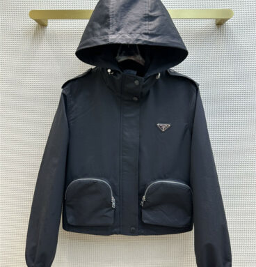 prada hooded zippered short double pocket jacket