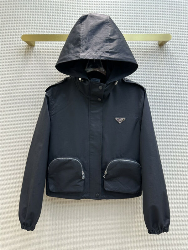 prada hooded zippered short double pocket jacket