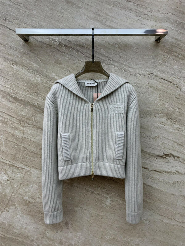 miumiu navy collar embroidered logo knitted zipper jacket