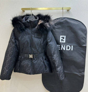 fendi FF jacquard fox fur collar hooded short down jacket