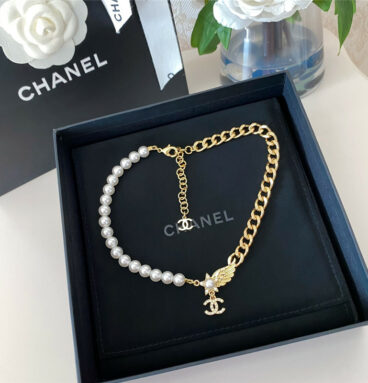 chanel chain with pearls star wings double c necklace