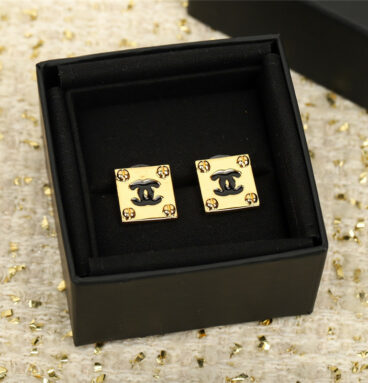 chanel square gold black double c stud earrings