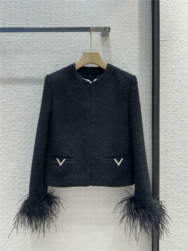 valentino feather sleeve glossy black tweed coat