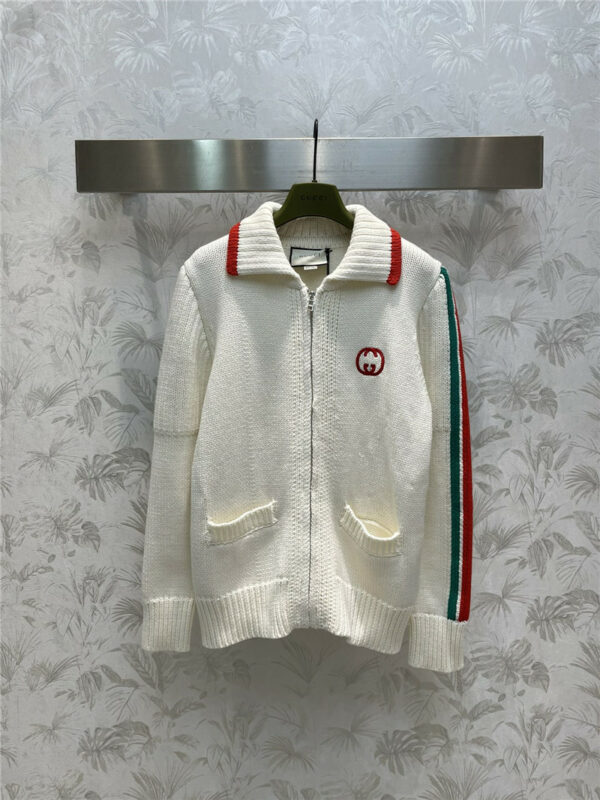 gucci lapel web knitted zip cardigan