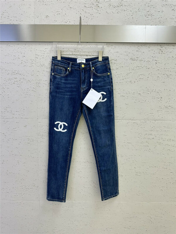 chanel three-dimensional embroidered logo jeans