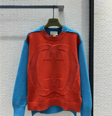 gucci large letter jacquard red and blue sweater