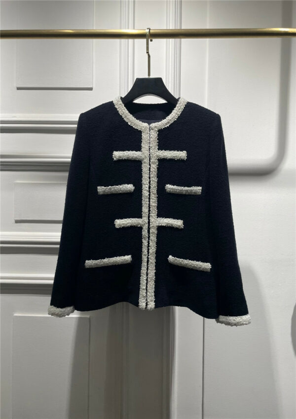 chanel navy blue tweed piping color block jacket