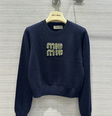 miumiu letter logo round neck short knitted sweater